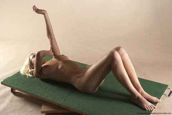 Nude Woman White Laying poses - ALL Slim Laying poses - on back long blond Pinup