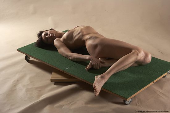 Nude Woman White Laying poses - ALL Underweight Laying poses - on back short brown Pinup