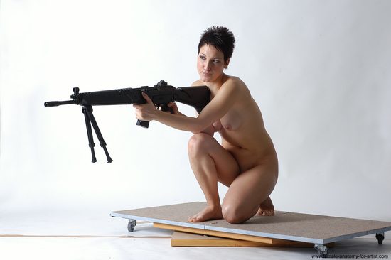 Nude Fighting with submachine gun Woman White Laying poses - ALL Slim Laying poses - on back short black Pinup