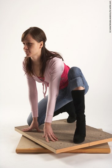 Casual Woman White Kneeling poses - ALL Slim Kneeling poses - on one knee long brown Academic