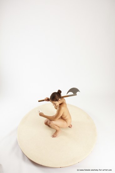 Nude Woman White Kneeling poses - ALL Athletic Kneeling poses - on one knee long brown Fighting with axe Multi angle poses Pinup