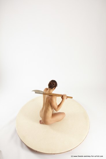 Nude Woman White Kneeling poses - ALL Athletic Kneeling poses - on one knee long brown Fighting with axe Multi angle poses Pinup