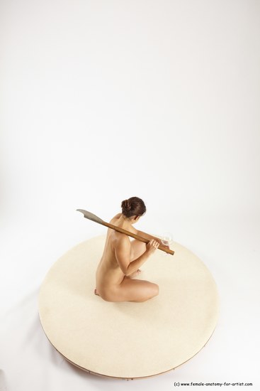 Nude Woman White Kneeling poses - ALL Athletic Kneeling poses - on one knee long brown Fighting with axe Multi angle poses Pinup