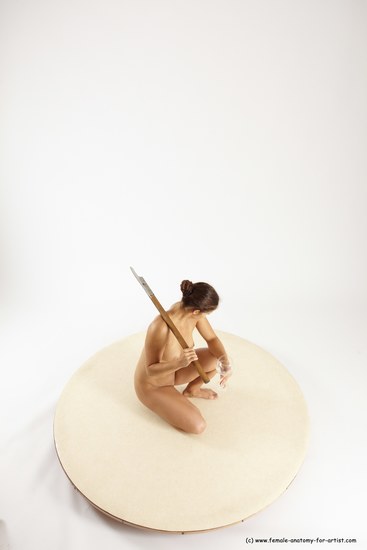 Nude Woman White Kneeling poses - ALL Athletic Kneeling poses - on one knee long brown Fighting with axe Multi angle poses Pinup