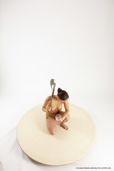 Nude Woman White Kneeling poses - ALL Athletic Kneeling poses - on one knee long brown Fighting with axe Multi angle poses Pinup