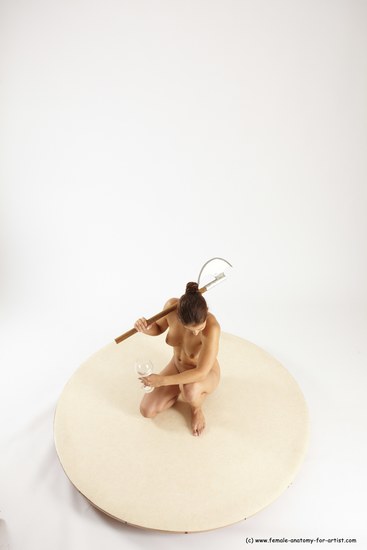 Nude Woman White Kneeling poses - ALL Athletic Kneeling poses - on one knee long brown Fighting with axe Multi angle poses Pinup