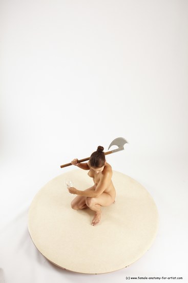 Nude Woman White Kneeling poses - ALL Athletic Kneeling poses - on one knee long brown Fighting with axe Multi angle poses Pinup