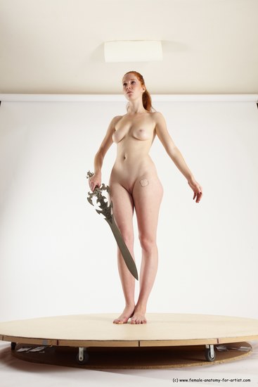 Nude Fighting with sword Woman White Standing poses - ALL Slim long red Standing poses - simple Multi angle poses Pinup