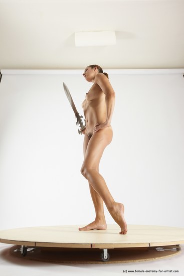 Nude Fighting with sword Woman White Standing poses - ALL Slim long red Standing poses - simple Multi angle poses Pinup