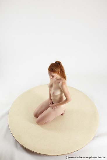 Nude Woman White Sitting poses - ALL Slim long red Sitting poses - on knees Multi angle poses Pinup