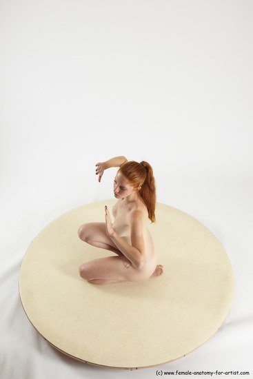 Nude Woman White Sitting poses - ALL Slim long red Sitting poses - on knees Multi angle poses Pinup