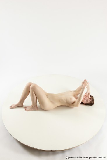 Nude Woman White Laying poses - ALL Slim Laying poses - on back medium brown Multi angle poses Pinup