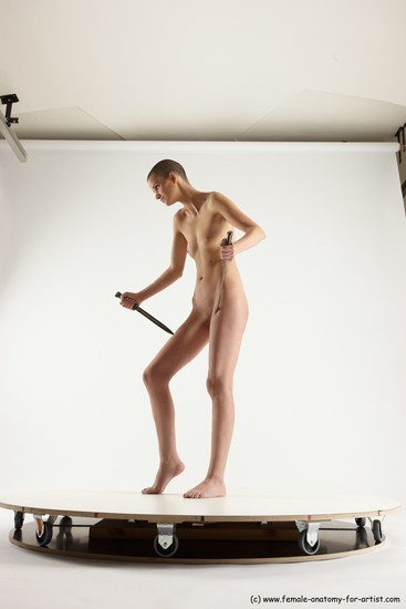 Nude Fighting with knife Woman White Standing poses - ALL Slim bald Standing poses - simple Multi angle poses Pinup