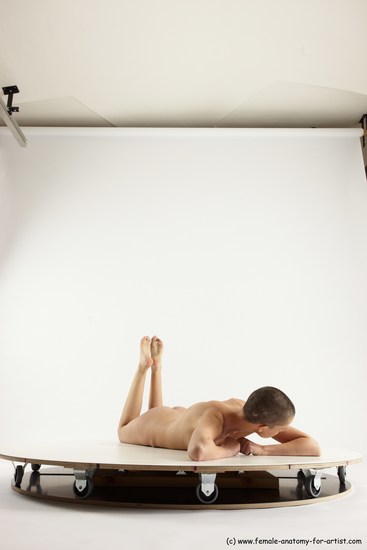 Nude Woman White Laying poses - ALL Slim Laying poses - on stomach bald Multi angle poses Pinup