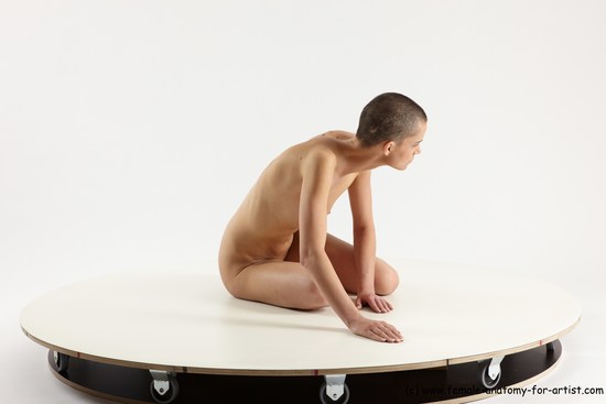 Nude Woman White Sitting poses - ALL Slim bald Sitting poses - on knees Multi angle poses Pinup