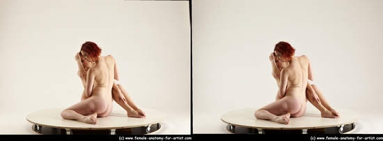 Nude Woman - Woman White Sitting poses - ALL Slim long red Sitting poses - simple 3D Stereoscopic poses Pinup