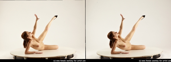 Nude Woman White Laying poses - ALL Slim Laying poses - on back long brown 3D Stereoscopic poses Pinup