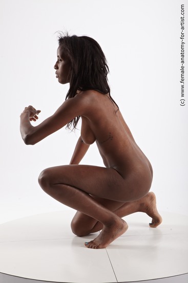 Nude Woman Black Kneeling poses - ALL Athletic long black Pinup
