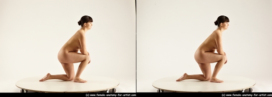 Nude Woman White Kneeling poses - ALL Pregnant Kneeling poses - on both knees long brown 3D Stereoscopic poses Pinup