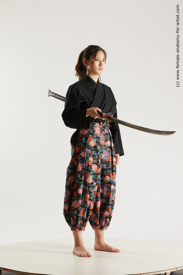 Sportswear Fighting with sword Woman Asian Slim long black Multi angle poses Academic