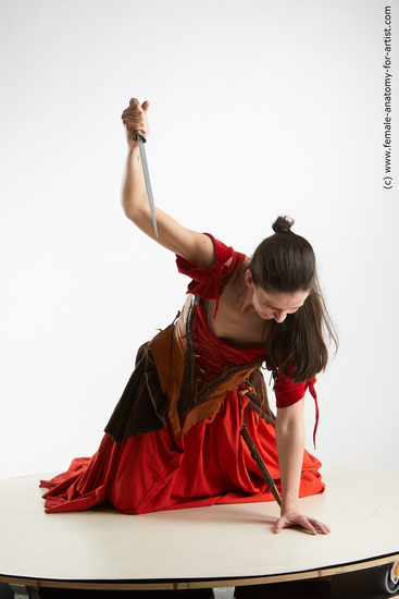 Woman White Kneeling poses - ALL Athletic Kneeling poses - on both knees long brown Fighting Standard Photoshoot Academic