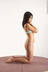 Underwear Woman Asian Kneeling poses - ALL Slim Kneeling poses - on both knees long black Academic