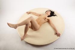 Nude Woman White Laying poses - ALL Slim Laying poses - on back long black Pinup
